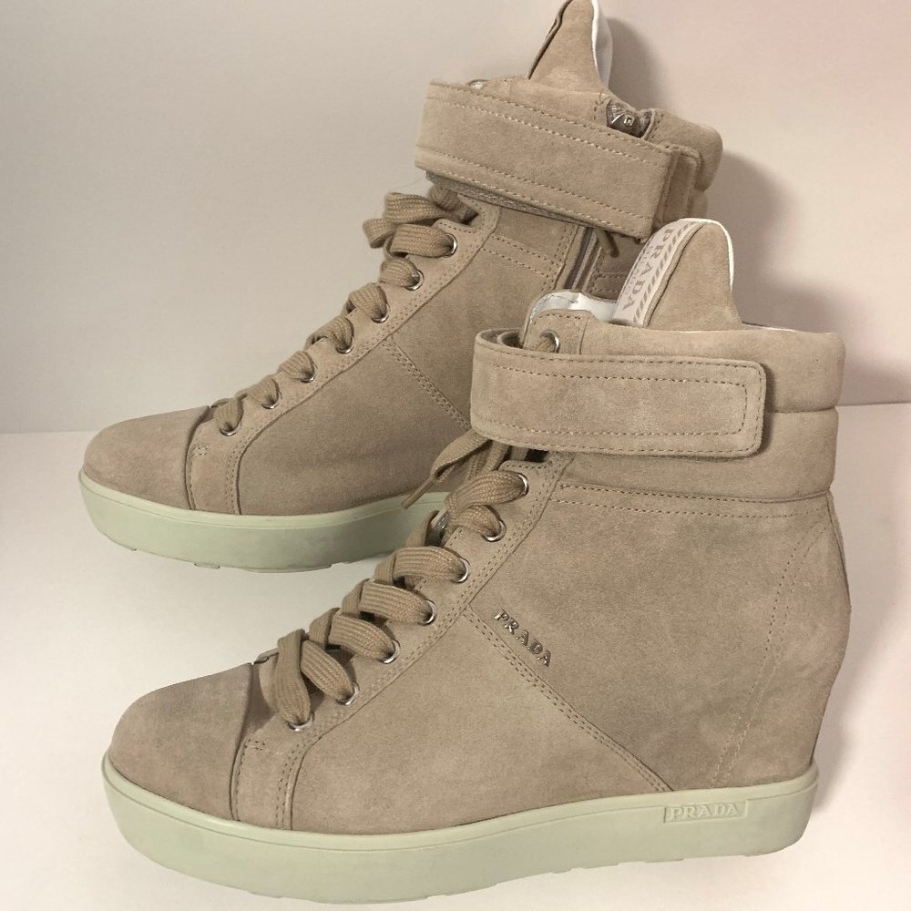 PRADA SPORT Suede High-Top Wedge Sneaker Beige 38
